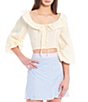 Color:Buttercup - Image 1 - Coordinating 3/4 Puff Sleeve Ruffle Boat Neck Tie Button Front Princess Striped Cropped Blouse