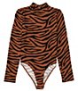 Color:Rust Black - Image 1 - Big Girls 7-16 Mock Neck Animal Print Bodysuit