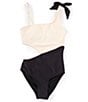 Color:Black Tie - Image 1 - Big Girls 7-16 One Shoulder Contrast Cut Out One-Piece Swimsuit