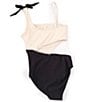 Color:Black Tie - Image 2 - Big Girls 7-16 One Shoulder Contrast Cut Out One-Piece Swimsuit