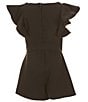 Color:Black - Image 2 - Big Girls 7-16 Tiered Ruffle Sleeve Tie Front Romper
