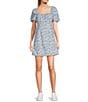 GB Floral Print Puff Sleeve Empire Waist Dress, Color:White Blue - Image 1