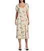 Color:Ivory Combo - Image 1 - Floral Print Short Sleeve Side Slit Midi Dress