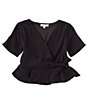 Color:Black - Image 1 - Girls Big Girls 7-16 Short Sleeve Woven Wrap Front Blouse