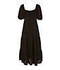Color:Black - Image 1 - Big Girls 7-16 Puff-Sleeve Smocked Tiered Maxi Dress