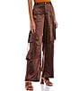 Color:Brown - Image 1 - High Rise Satin Cargo Pants