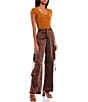 Color:Brown - Image 3 - High Rise Satin Cargo Pants