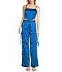 Color:Blue - Image 5 - High Rise Coordinating Satin Cargo Pants