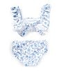 GB Little Girls 2T-6X Flounce Sleeve Floral/Seashells Two-Piece Swimsuit, Color:White Blue - Image 2