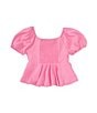 Color:Fuchsia Pink - Image 2 - Little Girls 2T-6X Short Sleeve Puff Sleeve Peplum Top
