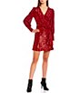 Color:Red - Image 1 - Long Blouson Sleeve Sequin Wrap Dress