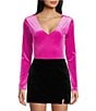 Color:Fuchsia - Image 1 - Long Sleeve V-Neck Knit Velvet Bodysuit