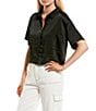 Color:Black - Image 1 - Satin Short Sleeve Button Front Shirt