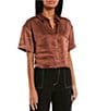 Color:Brown - Image 1 - Satin Short Sleeve Button Front Shirt