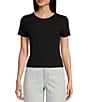 Color:Black - Image 1 - Short Sleeve Ribbed Knit T-Shirt