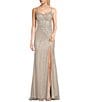 Color:Platinum - Image 1 - Sleeveless Scoop Neck Illusion Back Slit Hem Beaded Glitter Long Dress