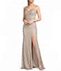 GB Sleeveless Scoop Neck Illusion Back Slit Hem Beaded Glitter Long Dress - Image 4