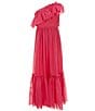 Color:Hot Pink - Image 1 - Social Big Girls 7-16 One Shoulder Ruffle Mesh Ruffle Maxi Dress