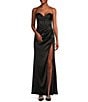 Color:Black - Image 1 - Social Corset Cowl Neck Lace-Up Back Slit Hem Satin Long Dress