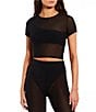 Color:Black - Image 1 - Solid Mesh Crop Top Coordinating Swimsuit Cover Up