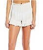 Color:White - Image 1 - Solid Smocked High Waisted Ruffle Short Swimsuit Cover Up