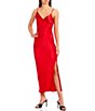 Color:Red - Image 1 - V-Neck Satin Wrap Midi Dress