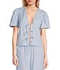 GB Woven Tie-Front Coordinating Stripe Top, Color:Blue Multi - Image 1