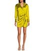 Gianni Bini Avery Long Sleeve Satin Point Collar Neck Faux Wrap Dress, Color:Chartreuse - Image 1