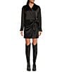 Color:Black - Image 1 - Avery Satin Long Sleeve Point Collar Neck Faux Wrap Dress