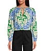 Color:Green Floral - Image 1 - Camilla Floral Print Linen Boat Neck Tie Front Long Sleeve Blouse