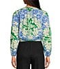 Color:Green Floral - Image 2 - Camilla Floral Print Linen Boat Neck Tie Front Long Sleeve Blouse
