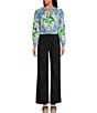 Color:Green Floral - Image 3 - Camilla Floral Print Linen Boat Neck Tie Front Long Sleeve Blouse