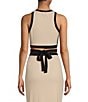 Color:Khaki/Black - Image 2 - Dena Ribbed Knit Crew Neck Sleeveless Tie Waist Coordinating Cropped Top