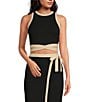 Color:Black - Image 1 - Dena Ribbed Knit Crew Neck Sleeveless Tie Waist Coordinating Cropped Top
