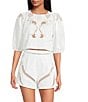 Gianni Bini Hillary Embroidered Crew Neck Short Sleeve Cropped Cotton Coordinating Blouse, Color:Ivory - Image 1