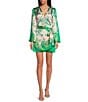 Gianni Bini Jenni Paisley Printed Satin V-Neck Long Sleeve Mini Wrap Dress, Color:Green Print - Image 1