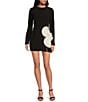Gianni Bini Layla Crepe Crew Neck Long Sleeve Flower Applique Mini Dress, Color:Black - Image 1