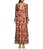 Color:Copper Palm - Image 1 - Lillian Copper Palm Print Long Sleeve Deep V-Neck Cut-Out Tiered Maxi Dress
