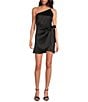 Color:Black - Image 1 - One Shoulder Sleeveless Spaghetti Strap Tie Waist Mini Wrap Dress