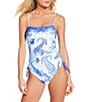 Gianni Bini Paisley Ruched Tie Side Low Sccop Back One Piece Swimsuit, Color:French Blue - Image 1