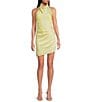 Gianni Bini Peyton Ruched Satin Cowl Halter Neck Sleeveless Open Back Detail Asymmetrical Hem Mini Sheath Dress, Color:Butter Yellow - Image 1