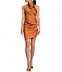 Gianni Bini Peyton Ruched Satin Cowl Halter Neck Sleeveless Open Back Detail Asymmetrical Hem Mini Sheath Dress, Color:Cognac - Image 1