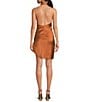 Gianni Bini Peyton Ruched Satin Cowl Halter Neck Sleeveless Open Back Detail Asymmetrical Hem Mini Sheath Dress, Color:Cognac - Image 2