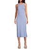 Color:Chambray - Image 1 - Knit Round Neck Sleeveless Racer Thigh High Side Slit Midi Sheath Bodycon Dress