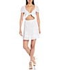 Color:White - Image 1 - Sawyer Eyelet Cutout Tie Deep Sweetheart Neck Short Puff Sleeve A-Line Mini Dress