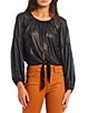 Color:Liquid Black - Image 1 - Serena Lame Round Neck Long Balloon Sleeve Tie Front Blouse