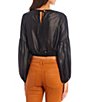 Color:Liquid Black - Image 2 - Serena Lame Round Neck Long Balloon Sleeve Tie Front Blouse
