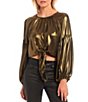 Color:Gold - Image 1 - Serena Lame Round Neck Long Balloon Sleeve Tie Front Blouse