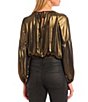 Color:Gold - Image 2 - Serena Lame Round Neck Long Balloon Sleeve Tie Front Blouse