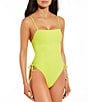 Color:Citrine - Image 1 - Solid Ruched Tie Side Square Neck Low Back Adjustable Strap One Piece Swimsuit